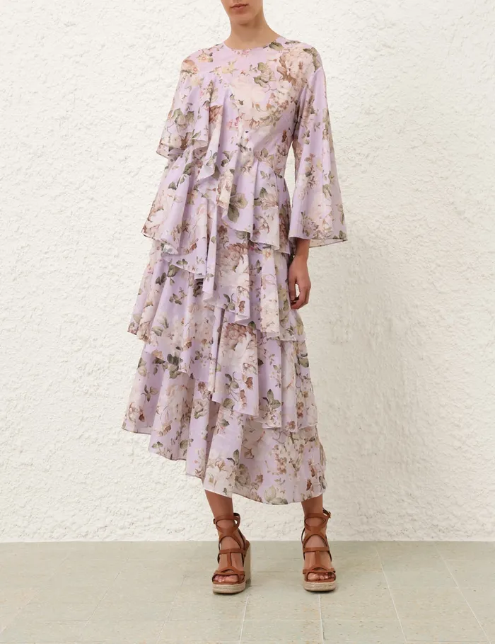 Women Zimmermann Clothing Acacia Asymmetric Midi Dress Lilac Floral