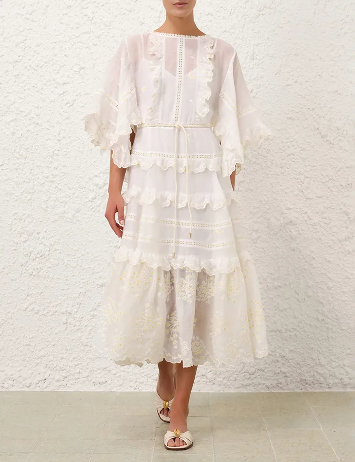 Women Zimmermann Clothing Acacia Embroidered Midi Dress Ivory
