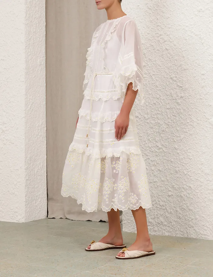 Women Zimmermann Clothing Acacia Embroidered Midi Dress Ivory