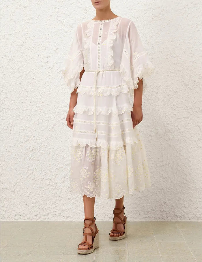Women Zimmermann Clothing Acacia Embroidered Midi Dress Ivory