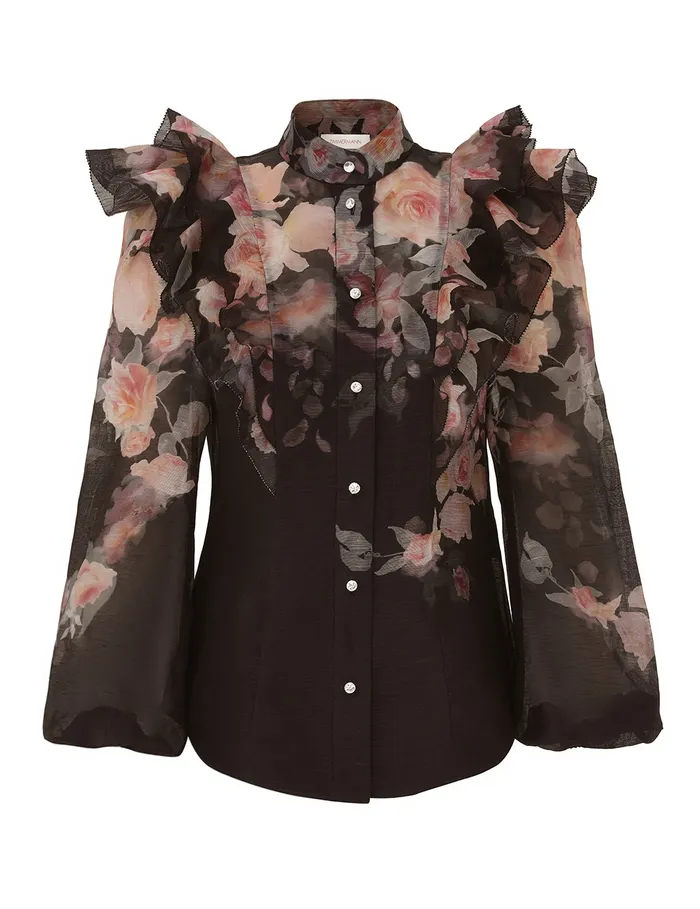 Women Zimmermann Clothing Crush Frill Sleeve Blouse Black Floral
