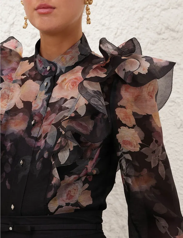 Women Zimmermann Clothing Crush Frill Sleeve Blouse Black Floral