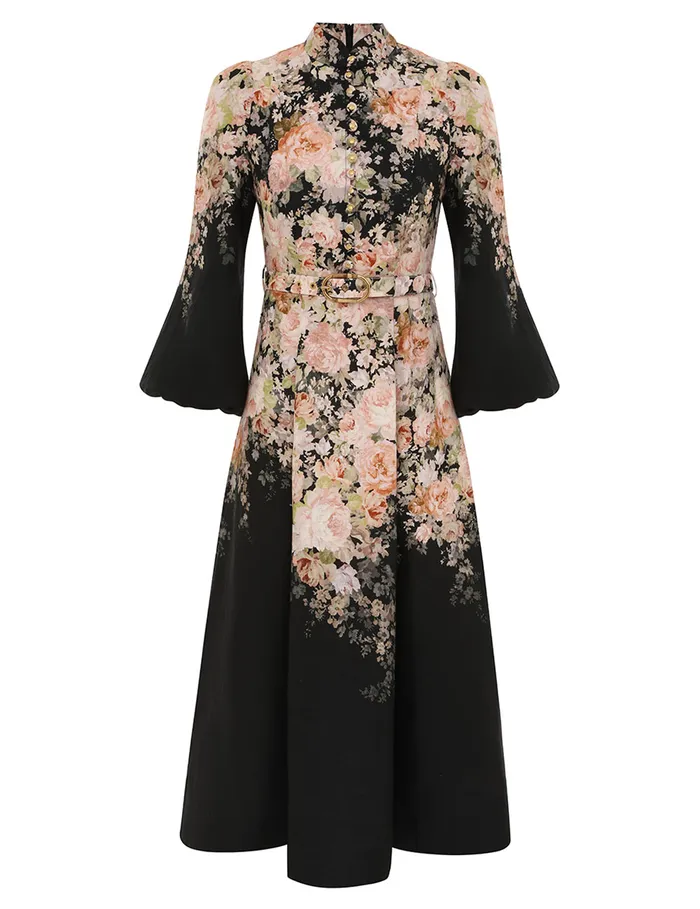 Women Zimmermann Clothing Illustration Buttoned Midi Black Rococo Floral
