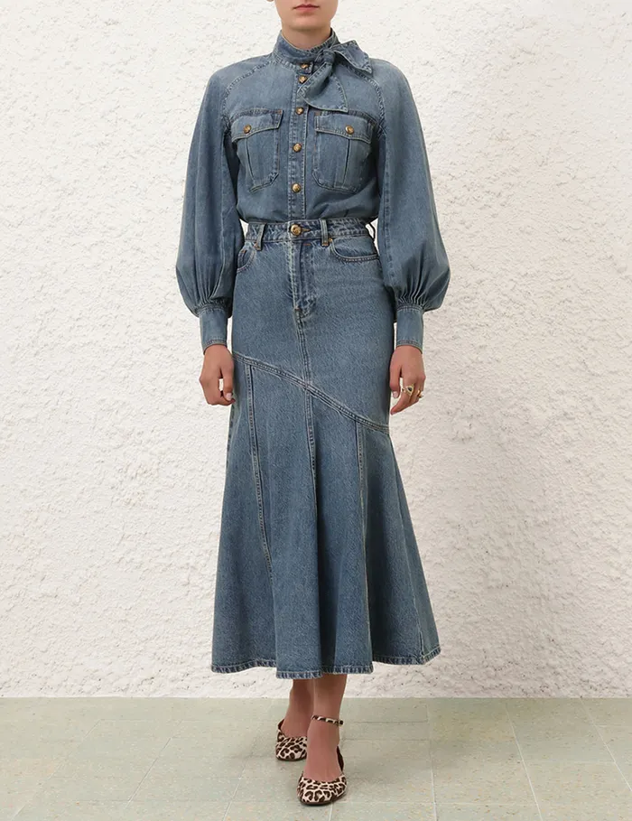 Women Zimmermann Clothing Illustration Denim Midi Skirt Neptune