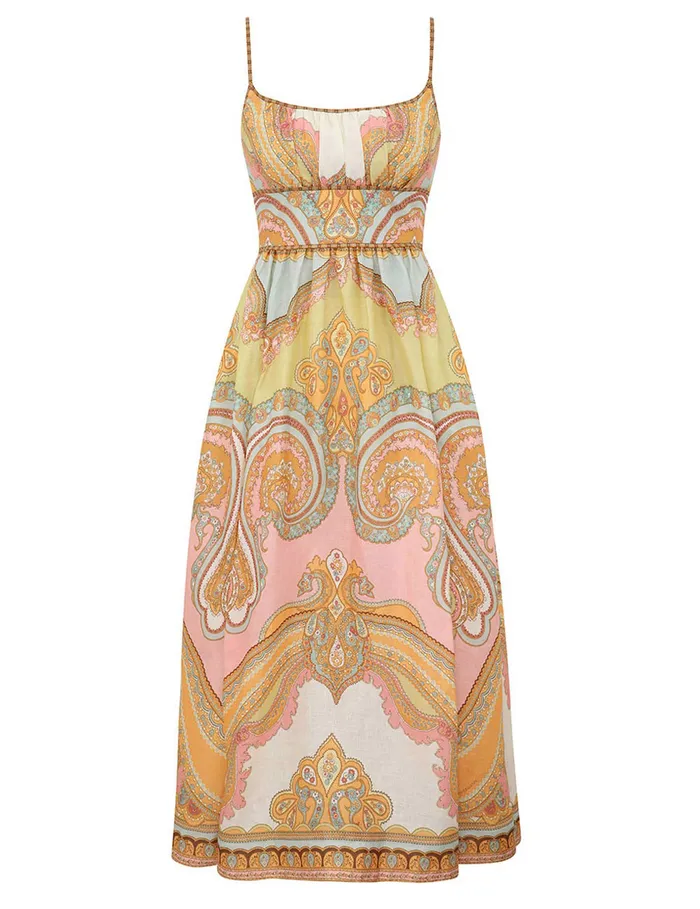 Women Zimmermann Clothing Maxine Picnic Midi Dress Gold Paisley