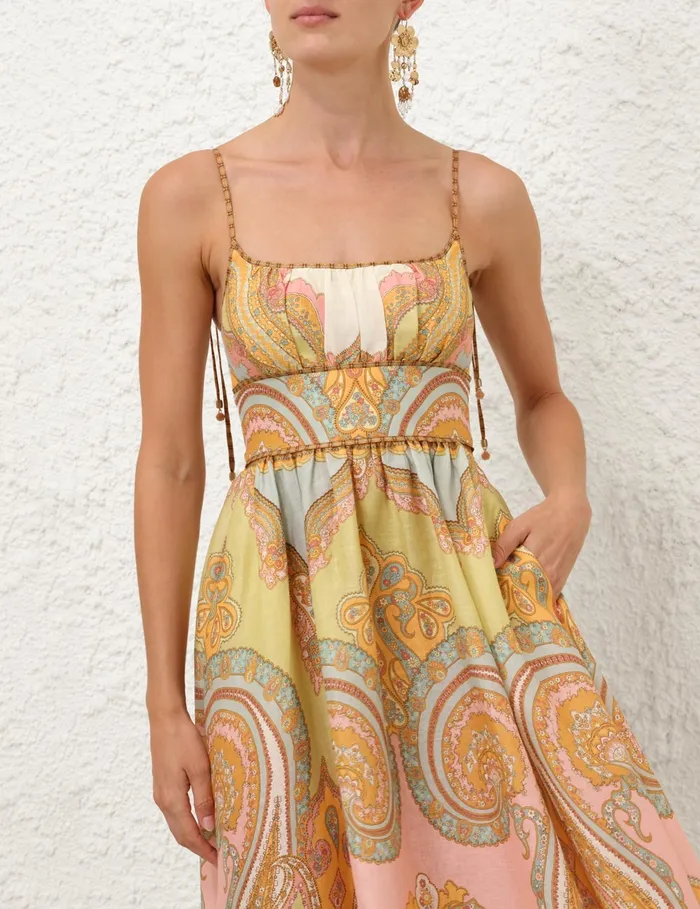 Women Zimmermann Clothing Maxine Picnic Midi Dress Gold Paisley