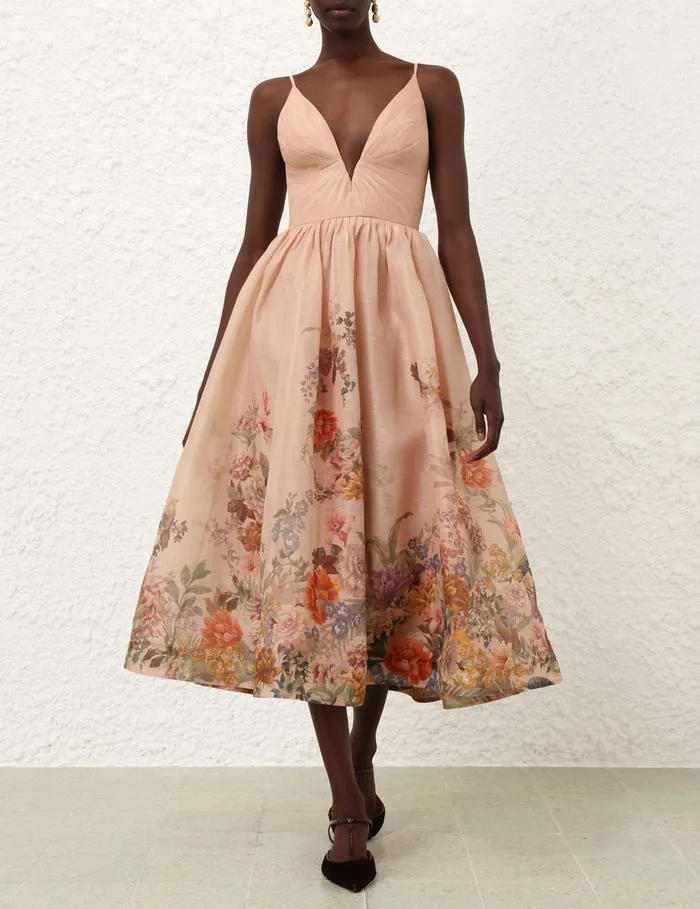 Women Zimmermann Clothing Pavilion V Neck Midi Dress Peach Multi Floral