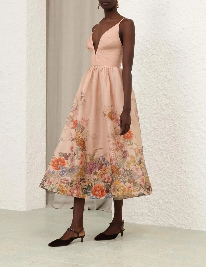 Women Zimmermann Clothing Pavilion V Neck Midi Dress Peach Multi Floral