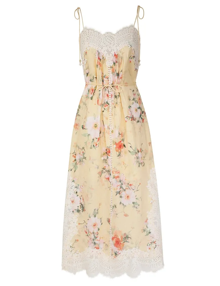 Women Zimmermann Dresses and Coverups Everley Lace Trim Slip Dress Yellow Watercolour Floral