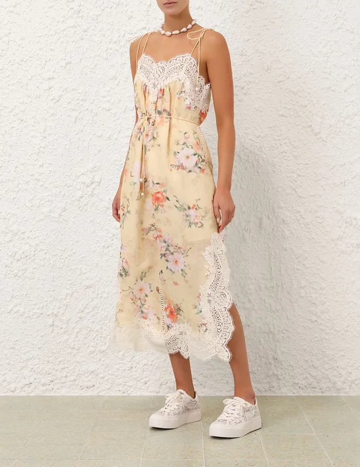 Women Zimmermann Dresses and Coverups Everley Lace Trim Slip Dress Yellow Watercolour Floral