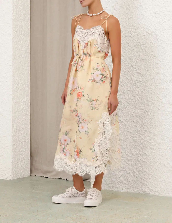 Women Zimmermann Dresses and Coverups Everley Lace Trim Slip Dress Yellow Watercolour Floral
