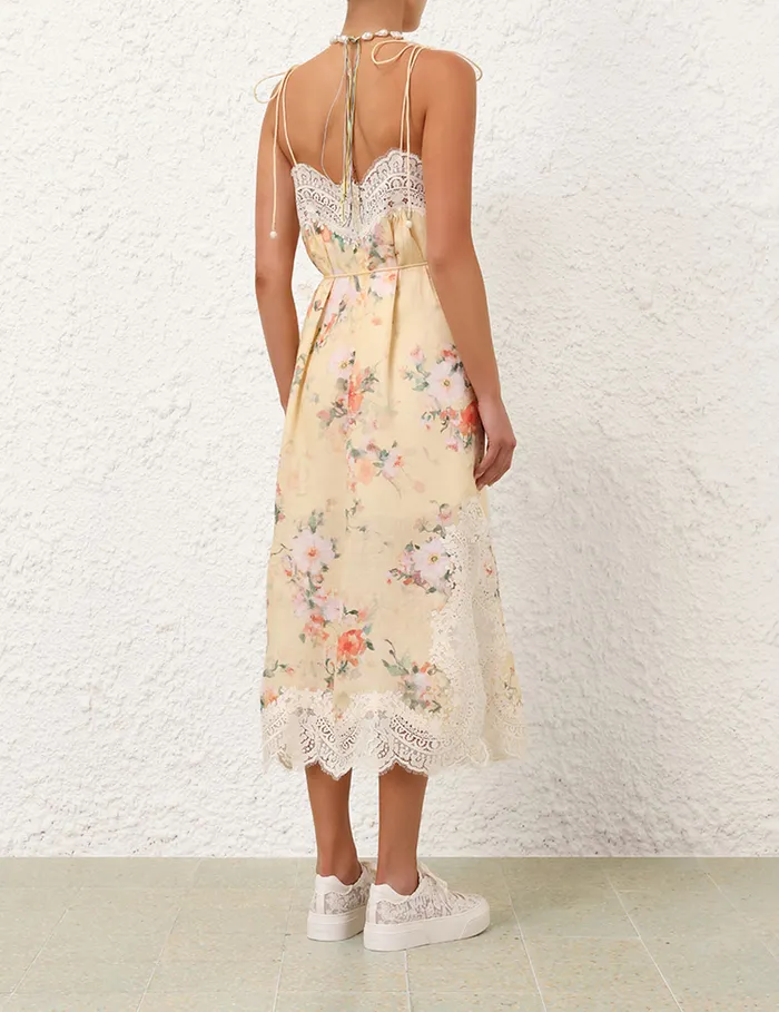 Women Zimmermann Dresses and Coverups Everley Lace Trim Slip Dress Yellow Watercolour Floral