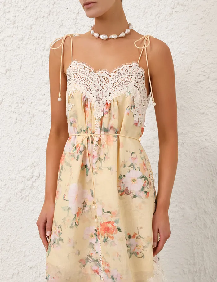 Women Zimmermann Dresses and Coverups Everley Lace Trim Slip Dress Yellow Watercolour Floral