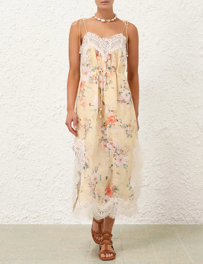 Women Zimmermann Dresses and Coverups Everley Lace Trim Slip Dress Yellow Watercolour Floral