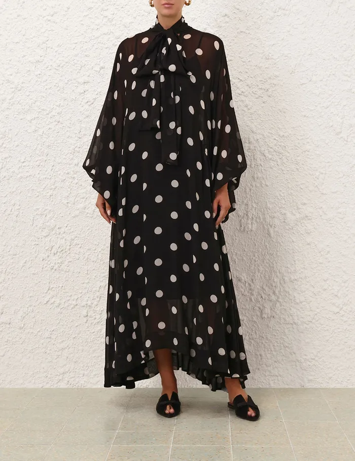 Women Zimmermann Dresses Crush Tie Neck Billow Dress Blackcream Dot