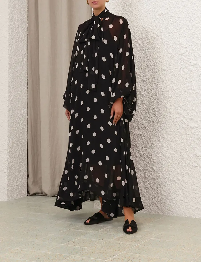 Women Zimmermann Dresses Crush Tie Neck Billow Dress Blackcream Dot