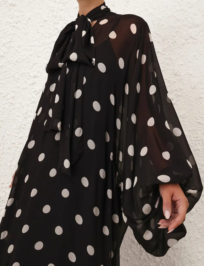 Women Zimmermann Dresses Crush Tie Neck Billow Dress Blackcream Dot