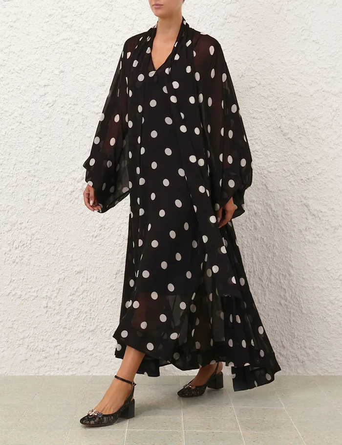 Women Zimmermann Dresses Crush Tie Neck Billow Dress Blackcream Dot