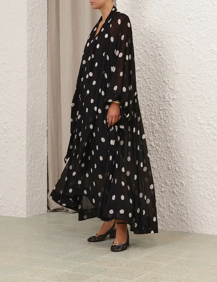 Women Zimmermann Dresses Crush Tie Neck Billow Dress Blackcream Dot