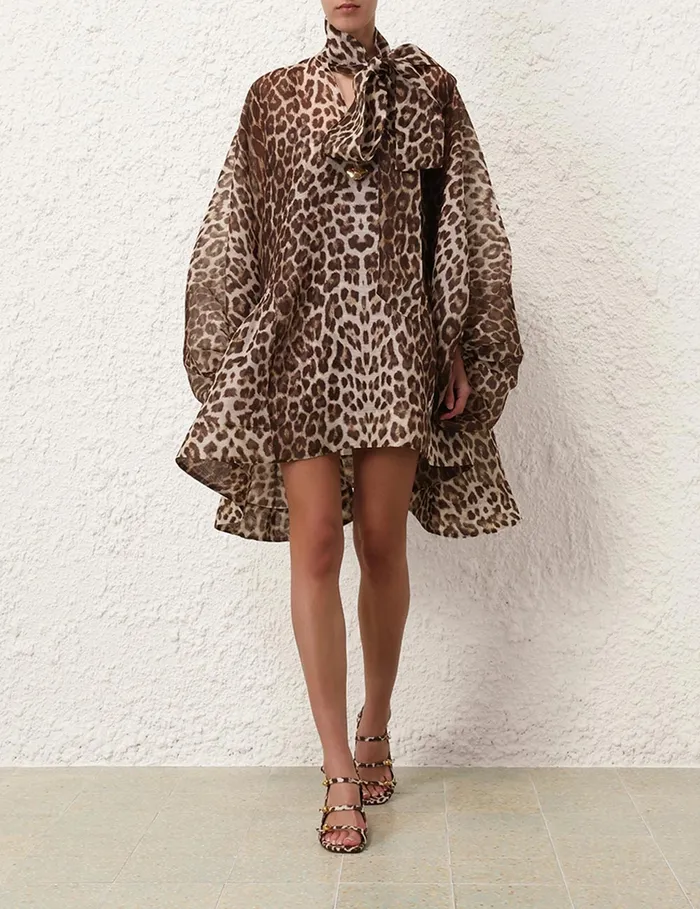 Women Zimmermann Dresses Illustration Billow Mini Dress Chocolate Leopard