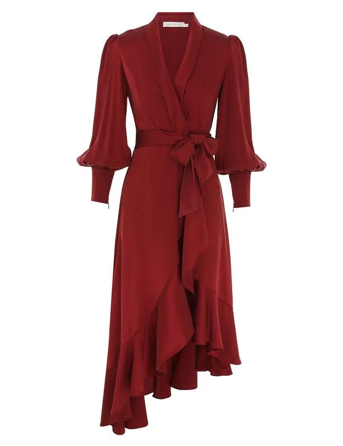 Women Zimmermann Dresses Silk Wrap Midi Dress Burgundy