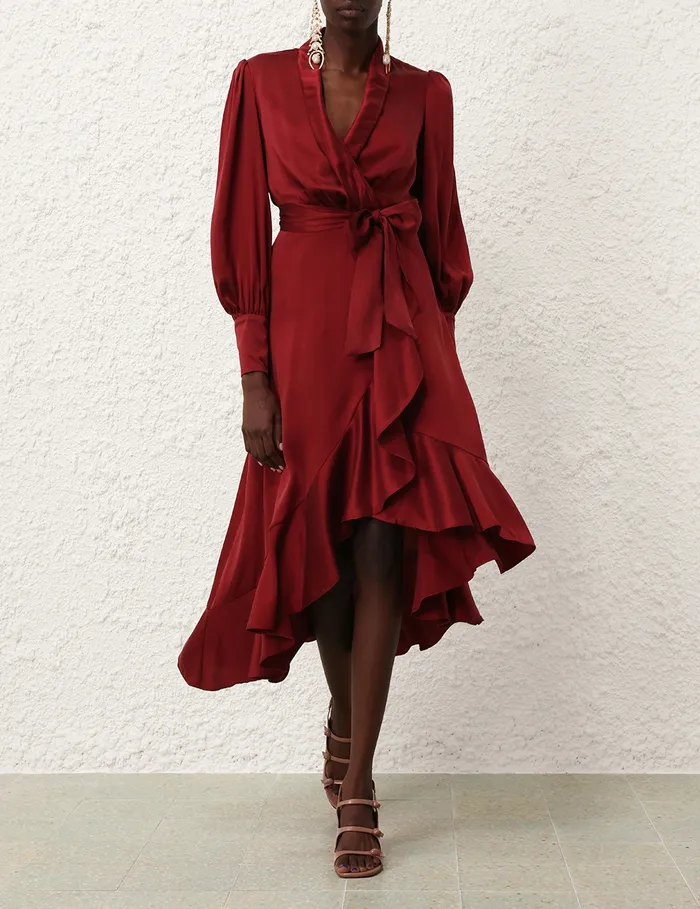 Women Zimmermann Dresses Silk Wrap Midi Dress Burgundy