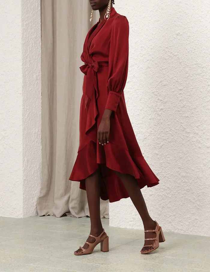 Women Zimmermann Dresses Silk Wrap Midi Dress Burgundy