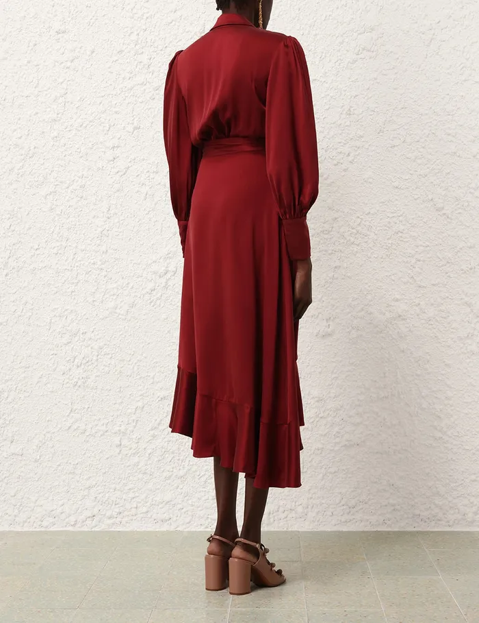 Women Zimmermann Dresses Silk Wrap Midi Dress Burgundy