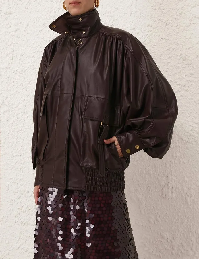 Women Zimmermann Jackets and Coats Illustration Leather Jacket Mahogany