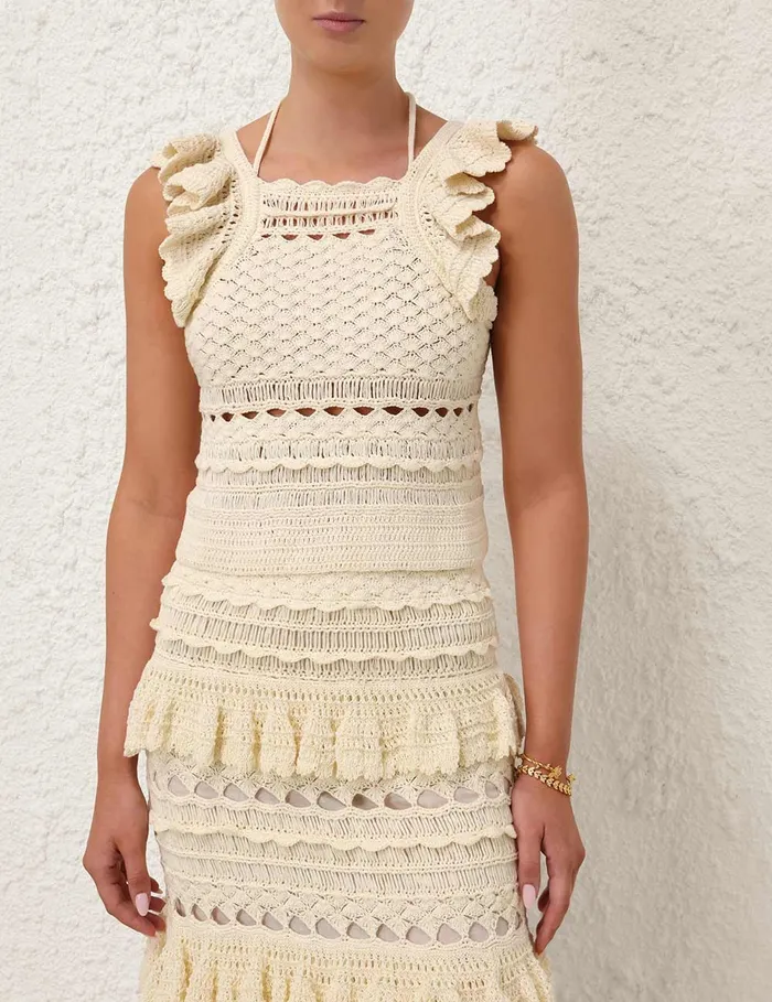 Women Zimmermann Knitwear Waverly Crochet Halter Tank Cream