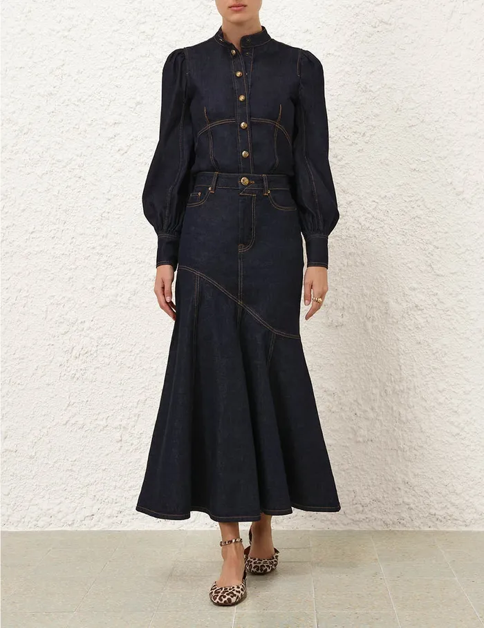 Women Zimmermann Skirts Illustration Denim Midi Skirt Night Sky