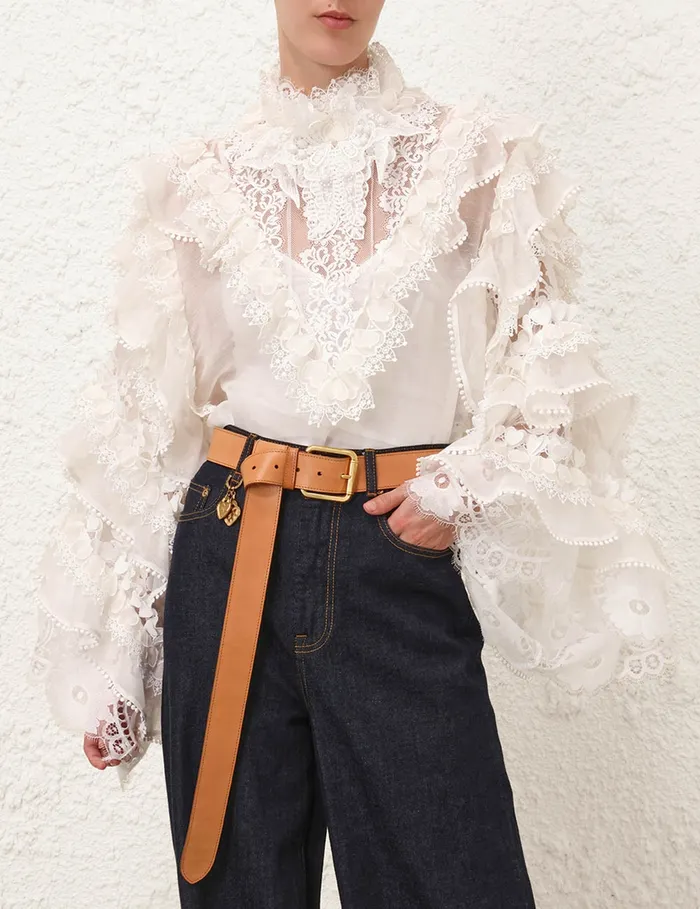 Women Zimmermann Tops Crush Heart Trim Blouse Ivory