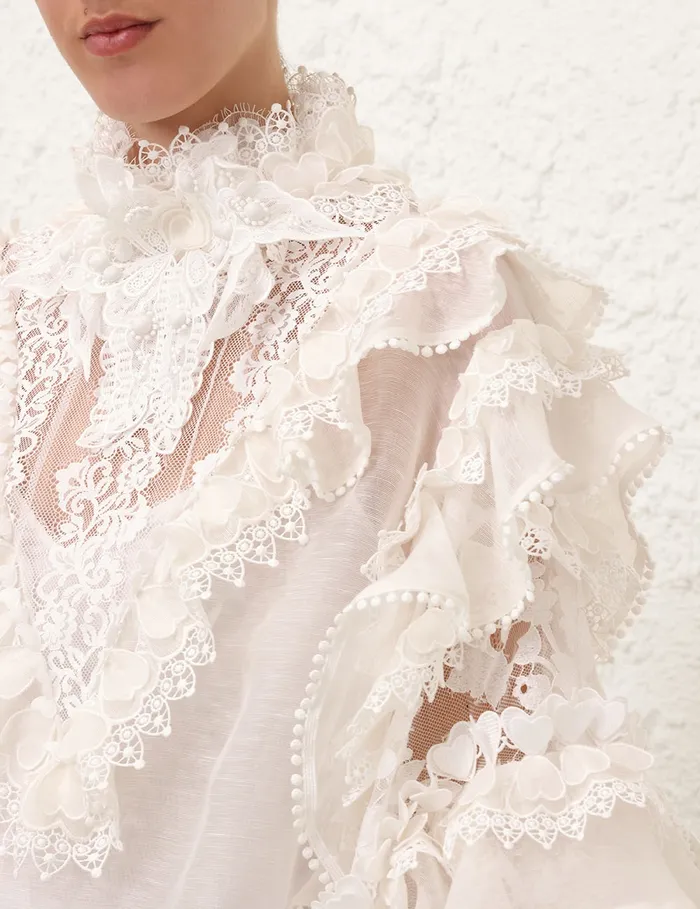 Women Zimmermann Tops Crush Heart Trim Blouse Ivory