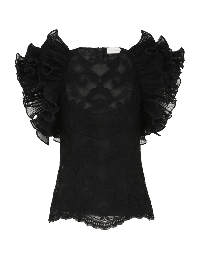 Women Zimmermann Tops Crush Lace Frill Bodice Black