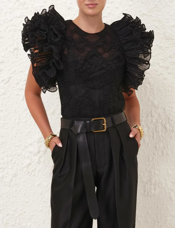 Women Zimmermann Tops Crush Lace Frill Bodice Black