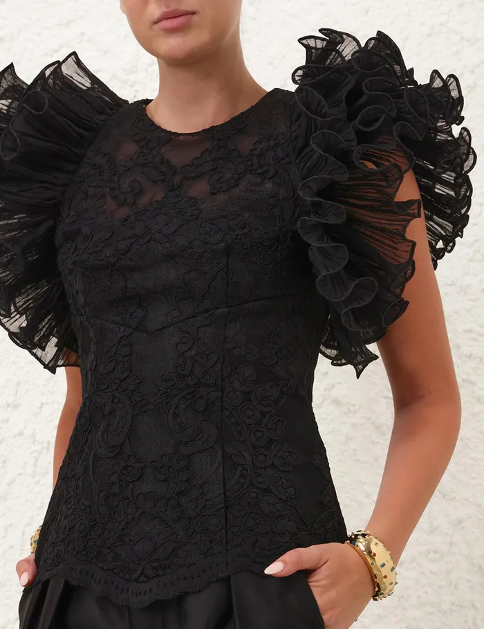 Women Zimmermann Tops Crush Lace Frill Bodice Black