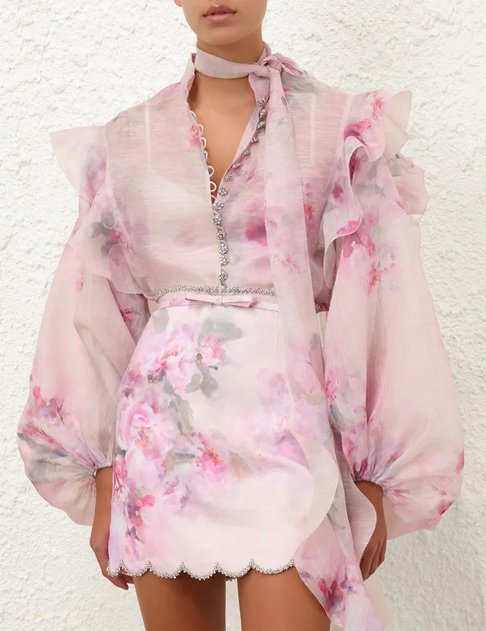 Women Zimmermann Tops Crush Tie Neck Ruffle Blouse Pink Floral