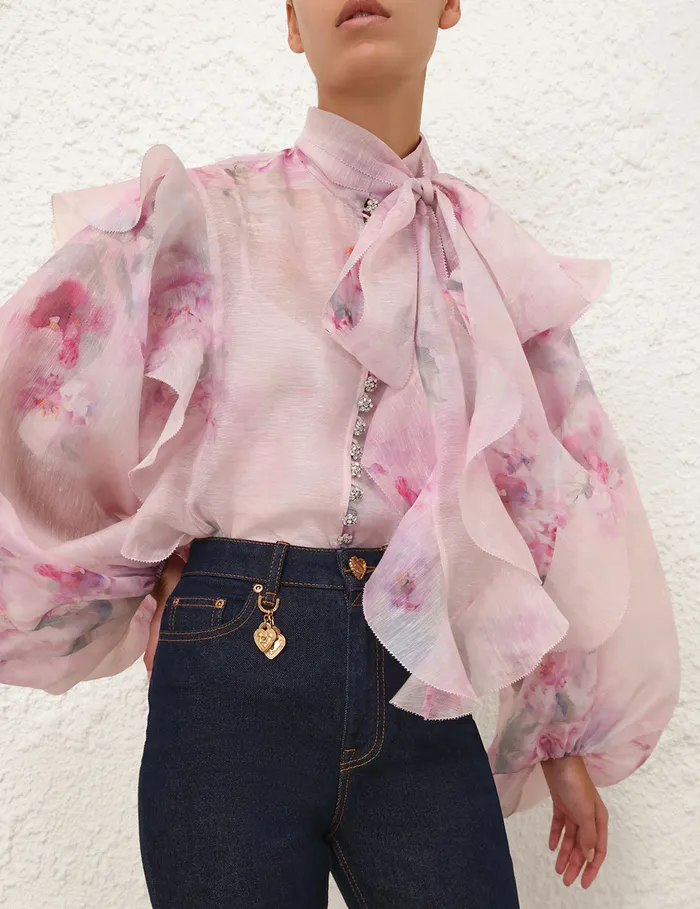Women Zimmermann Tops Crush Tie Neck Ruffle Blouse Pink Floral