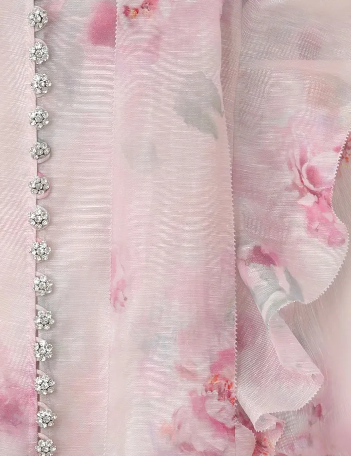 Women Zimmermann Tops Crush Tie Neck Ruffle Blouse Pink Floral