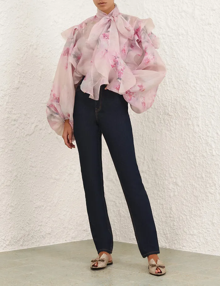 Women Zimmermann Tops Crush Tie Neck Ruffle Blouse Pink Floral