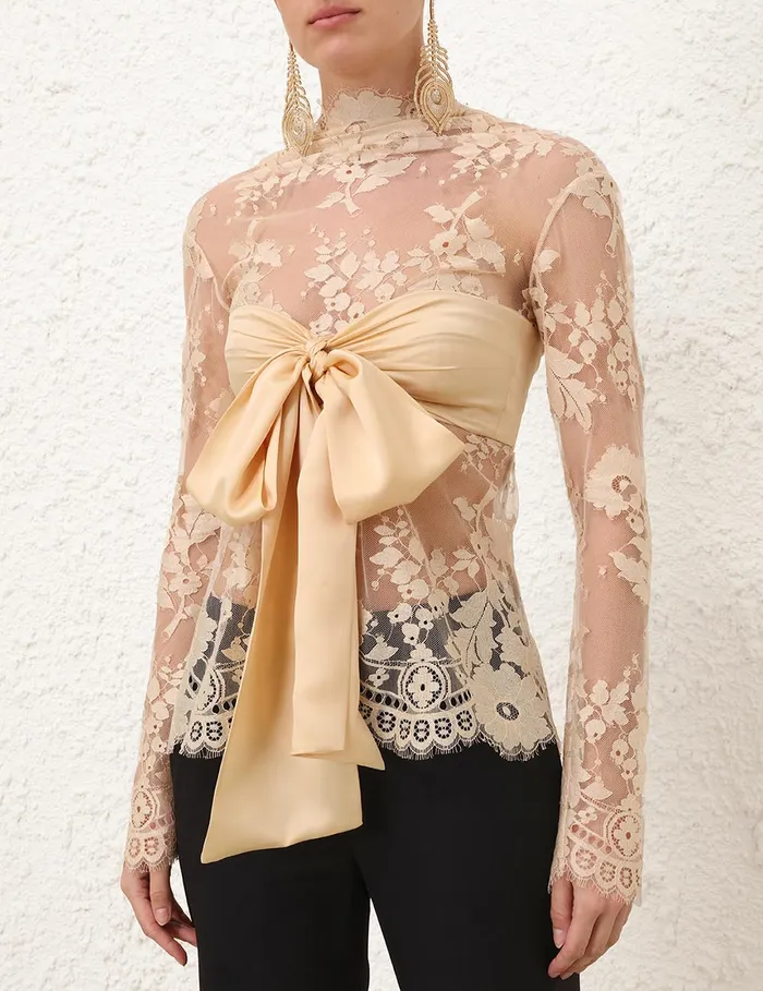 Women Zimmermann Tops Illustration Lace Bow Bodice Tea