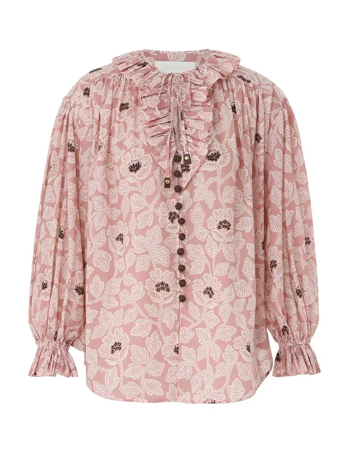 Women Zimmermann Tops Ottie Ruffle Neck Top Dusty Rose Floral
