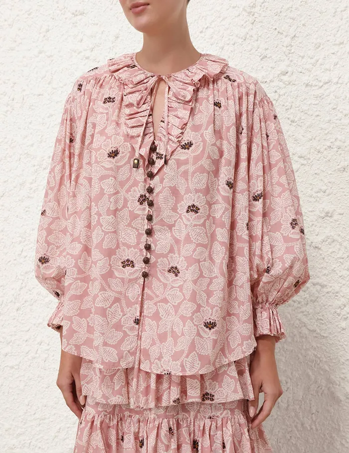 Women Zimmermann Tops Ottie Ruffle Neck Top Dusty Rose Floral