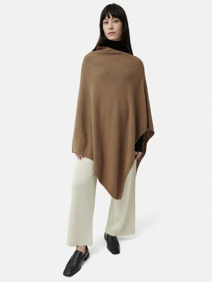 Wool Cashmere Blend Drape Poncho Camel Women Jigsaw Ponchos and Scarves