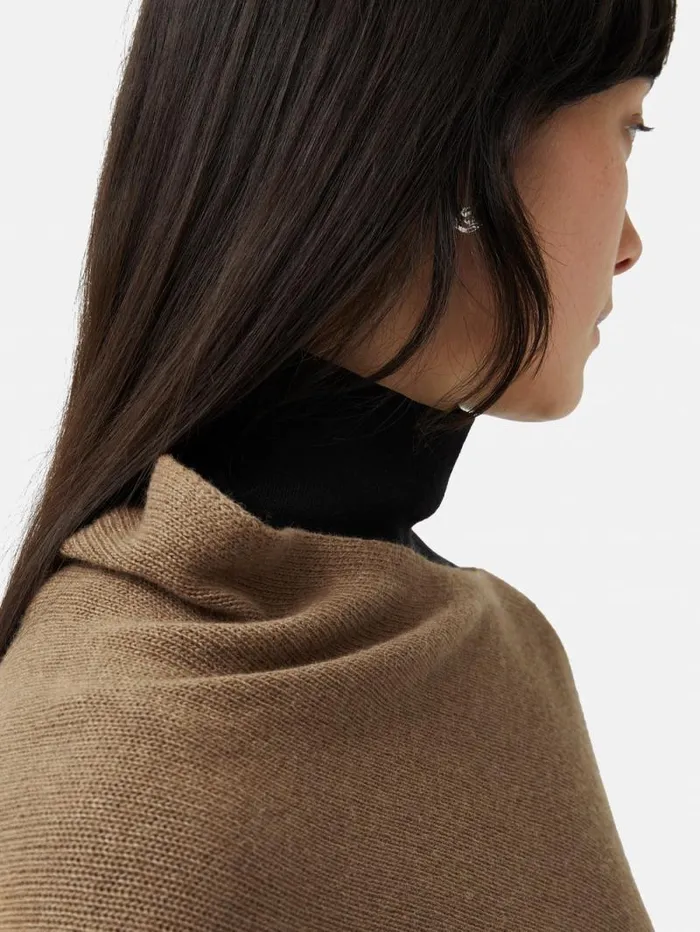 Wool Cashmere Blend Drape Poncho Camel Women Jigsaw Ponchos and Scarves