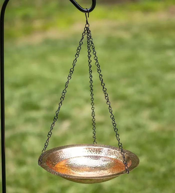 Yard and Garden Hammered Copper Basin Hanging Birdbath With Chain Plow and Hearth Birdbaths