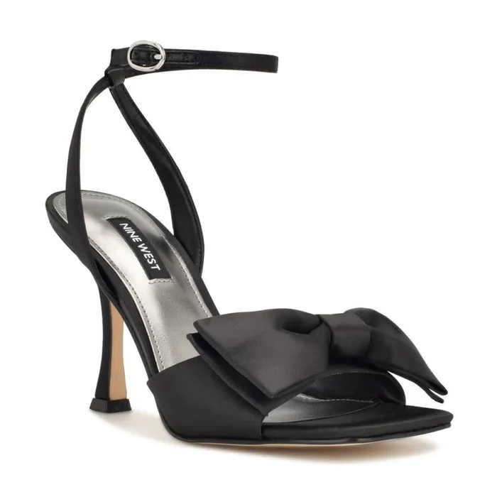 Yaway Ankle Wrap Heeled Sandals Black Satin Women Nine West Heels Yaway Ankle Wrap Heeled Sandals Black Satin Women Nine West Heels