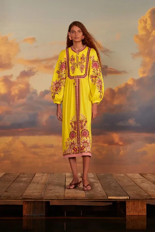 Yellow Embroidered Garden Tapestry Midi Dress Women FARM Rio Midi Dresses