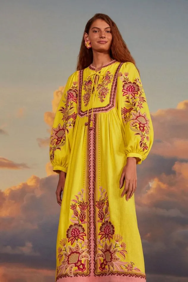 Yellow Embroidered Garden Tapestry Midi Dress Women FARM Rio Midi Dresses