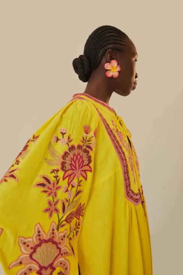 Yellow Embroidered Garden Tapestry Midi Dress Women FARM Rio Midi Dresses